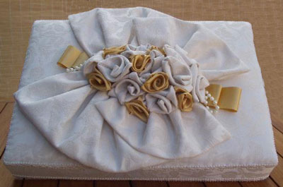 Rectangular box, cream damask with gold trimmings