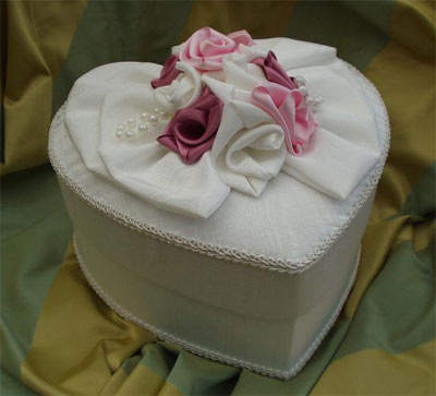 Heart shaped box - ivory moire with pink flowers