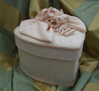 Heart shaped box - cream jacquard fabric with cream flowers